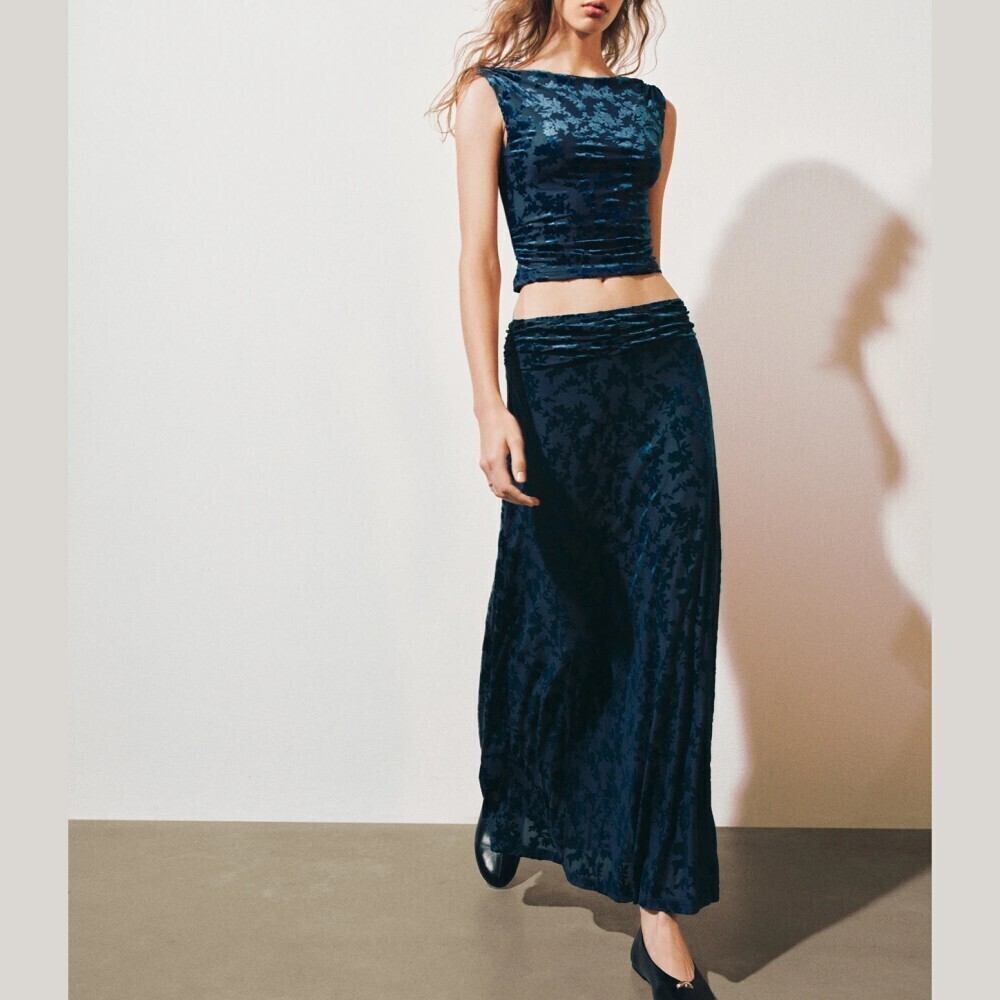 Navy Blue Floral Burnout Velvet Sleeveless Crop Tank Top & Maxi Skirt Set